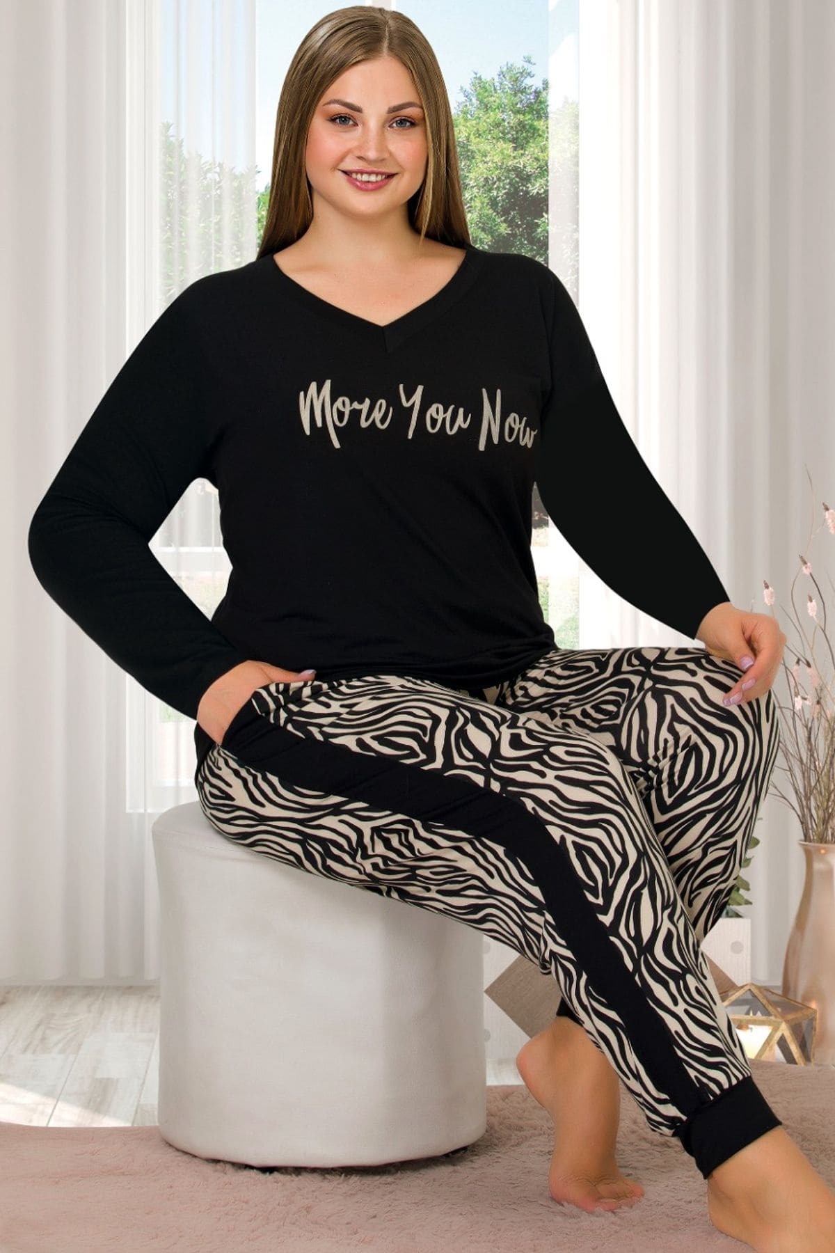 Uzun Kollu V Yakalı Somon Viskon Pijama Takımı Lady 11397 - Siyah