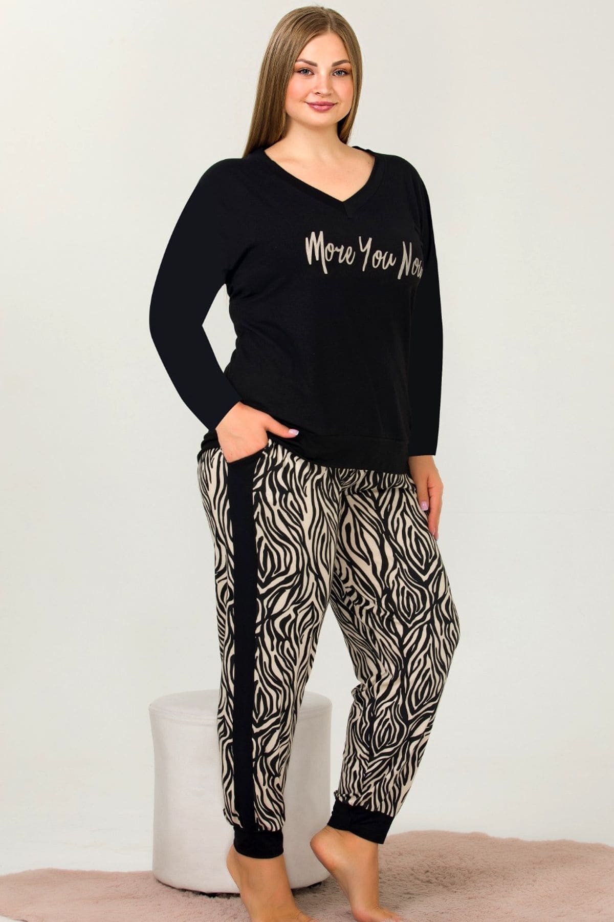 Uzun Kollu V Yakalı Somon Viskon Pijama Takımı Lady 11397 - Siyah