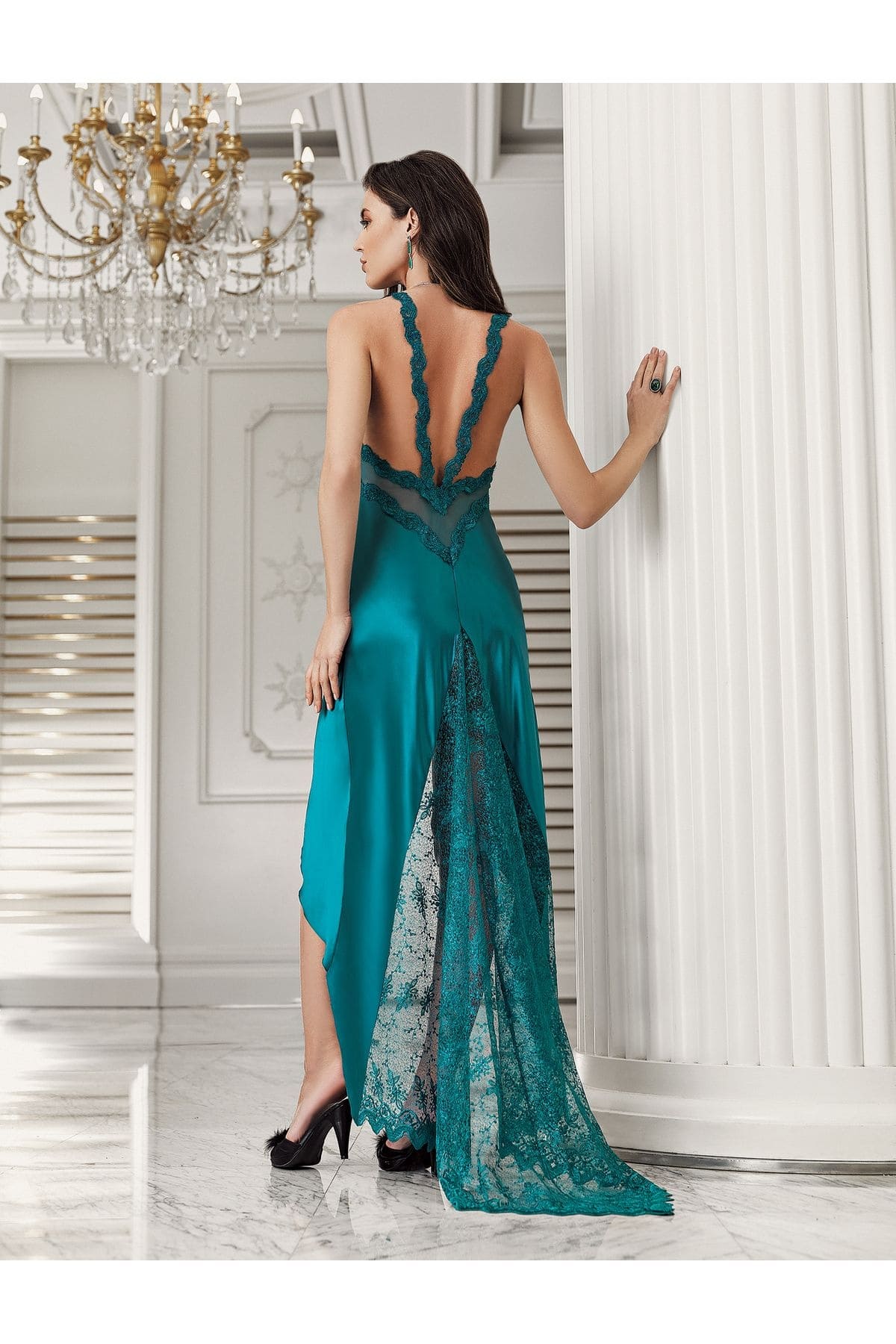 Transparan Dantel Detaylı Saten Gecelik Takımı İmaj 3204 - Yeşil