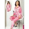 Saten Önden Düğmeli Cepli Gömlek Yaka Kadın Pijama Takımı Pembe XSES 2105