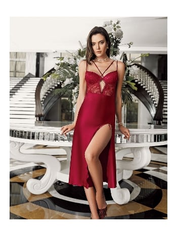 Bordo Saten ve Transparan Dantel Detaylı Gecelik Takımı İmaj 3202