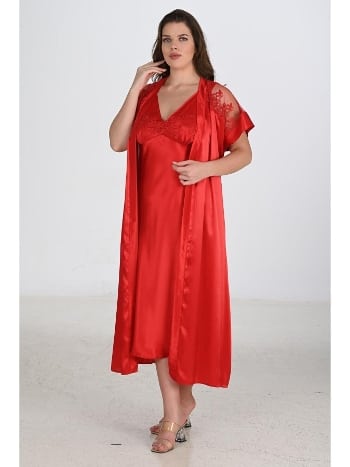 Büyük Beden Kırmızı Sabahlık Gecelik Takımı Ahu 6226