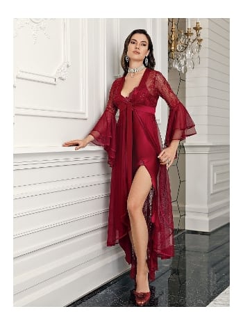 Asimetrik Kesim Derin Yırtmaçlı Saten Gecelik Takım İmaj 4202
