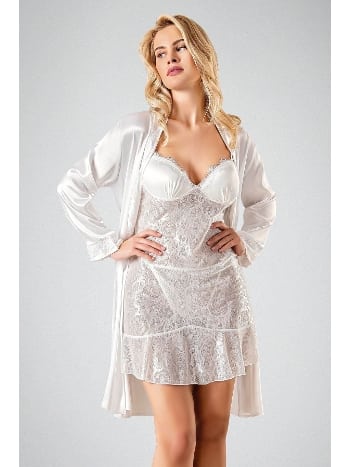Jakarlı Dantel Detaylı Kadın Gecelik Takım Ahu 7706