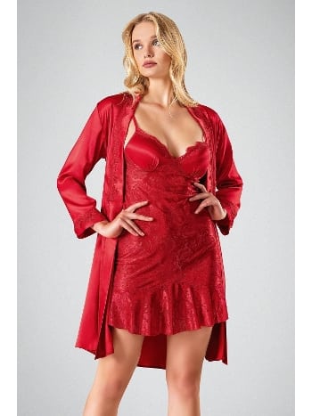 Jakarlı Polyester Kadın Gecelik Takım Kırmızı Ahu 7706