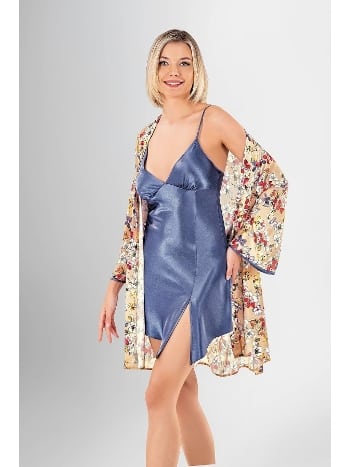 Desenli Saten Kısa Sabahlık Gecelik Takımı Ahu 1904