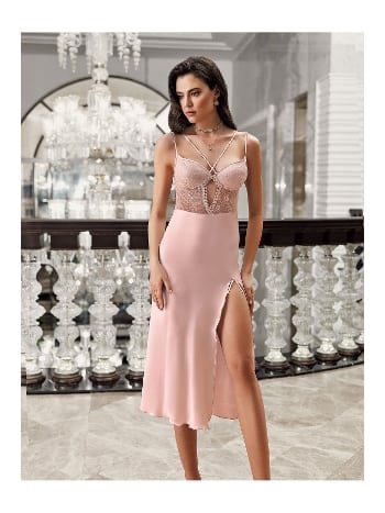 Pudra Saten Transparan Dantel Detaylı Gecelik Takımı İmaj 3202