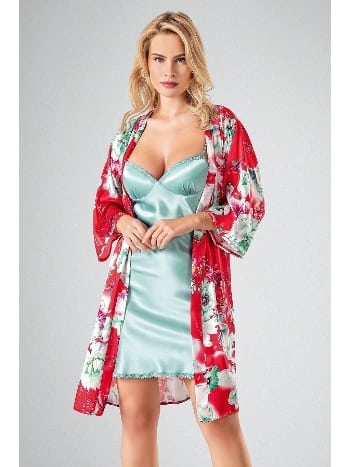 Saten Dokulu 2li Sabahlıklı Gecelik Takım Yeşil Ahu 7709