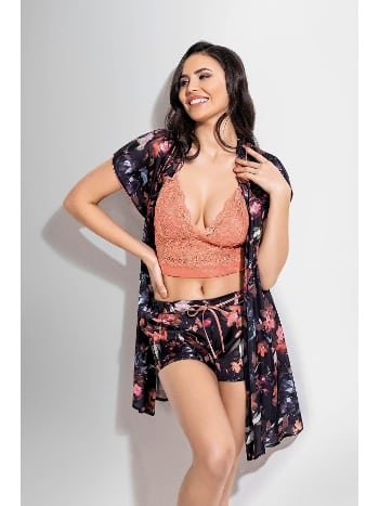 Çiçekli Bordo Şort Bralet Sabahlık Gecelik Takımı Ahu 1901