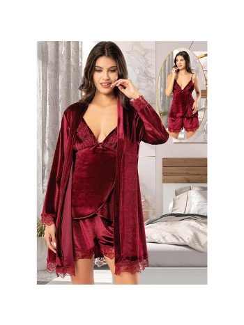 Dantelli Kadife Sabahlık Şortlu Takım Bordo XSES 5150