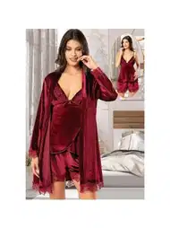 Dantelli Kadife Sabahlık Şortlu Takım Bordo XSES 5150