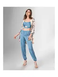 3'lü Mavi Büstiyerli Sabahlıklı Pijama Takımı Ahu 1825