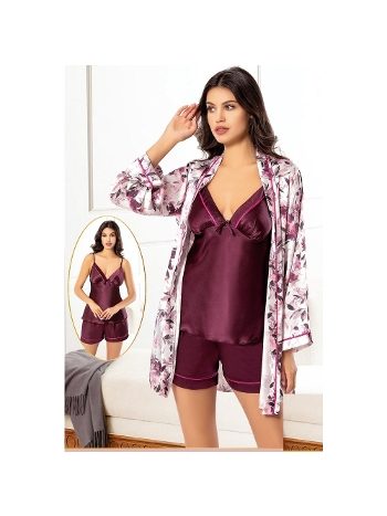 Desenli Saten 3'lü Sabahlık Pijama Çeyiz Seti XSES 2156