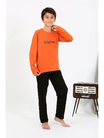 Penye Turuncu Erkek Çocuk Uzun Kol Pijama Takım Akbeniz 20437
