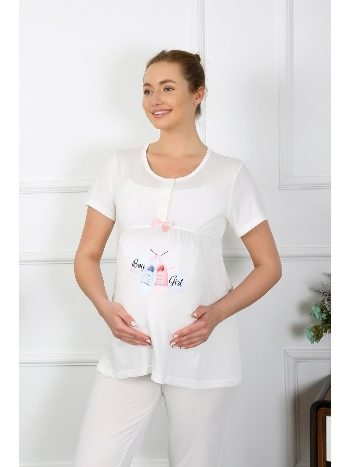 Patik Desenli Kısa Kollu Hamile Lohusa Pijama Takımı Ekru Akbeniz 45210