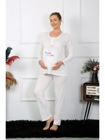 Düğmeli Uzun Kollu Hamile Lohusa Pijama Takımı Ekru Akbeniz 45501