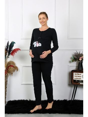 Patik Desenli Uzun Kollu Hamile Lohusa Pijama Takımı Siyah Akbeniz 45501