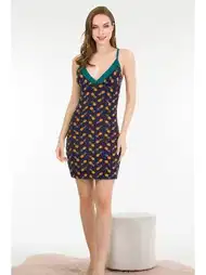 Ananas Desenli Lacivert Gecelik Nefes Alabilir Kumaş Lady 6179