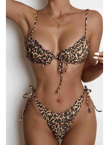 Angelsin Leopar Desenli İpli Tasarım Bağlamalı Bikini Üstü MS 43769 - Çok Renkli