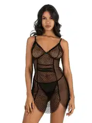 Asimetrik Kesim Siyah Kısa Tül Gecelik Ahu 4219