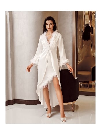 Asimetrik Kesim Tüylü Saten Gecelik Takımı İmaj 4225