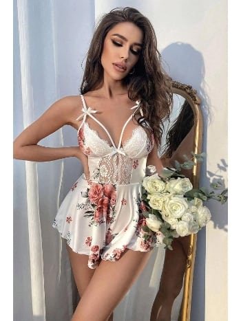 Beyaz Çiçek Desenli Tulum Bella Notte15099