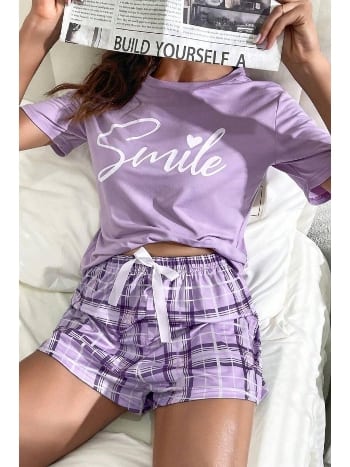 Lila Ekoseli Şort Takım Bella Notte 7530