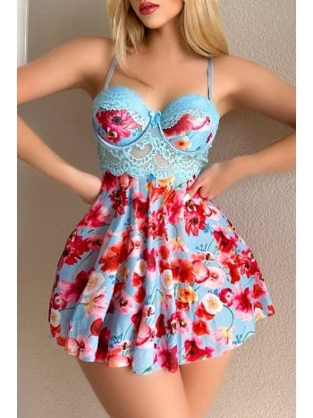 Mavi Rüya Gecesi Çiçekli Askılı Mini Gecelik Bella Notte 15628