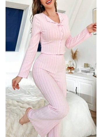 Pembe Fiyonk Detaylı Pamuklu Pijama Takımı Bella Notte 7097