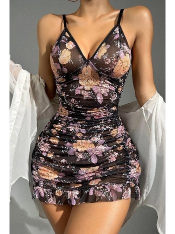 Siyah Çiçek Desenli Transparan Mini Elbise Bella Notte 15570