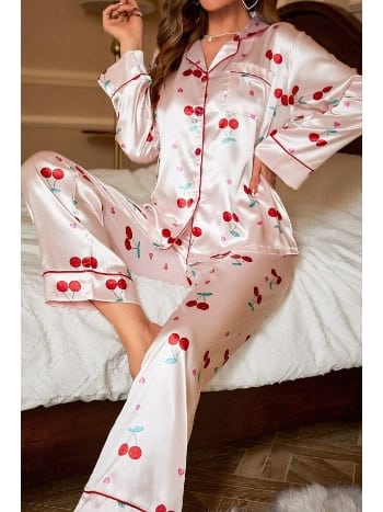 Kiraz Desenli Saten Toz Pembe Pijama Takımı Bella Notte 7065