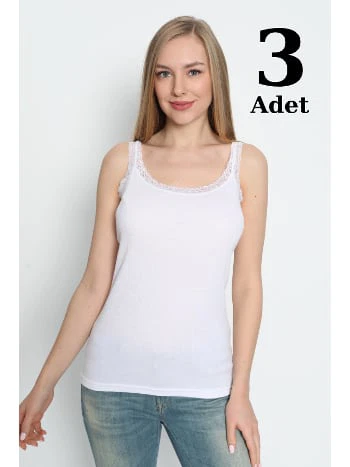 Dantel Detaylı Beyaz Kadın Atlet 3lü Paket Arma Yıldız 3362