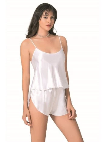 Beyaz Saten Şort Takımı Kadın Pijama Ahu 9089