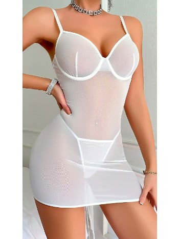 Beyaz Tül Arkası Örgülü Gecelik Lily Bianca 147 - 2