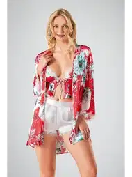 Kırmızı Çiçek Desenli Bodysuit 3lü Şort Takım Ahu 7724