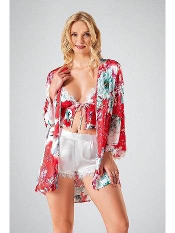 Kırmızı Çiçek Desenli Bodysuit 3lü Şort Takım Ahu 7724