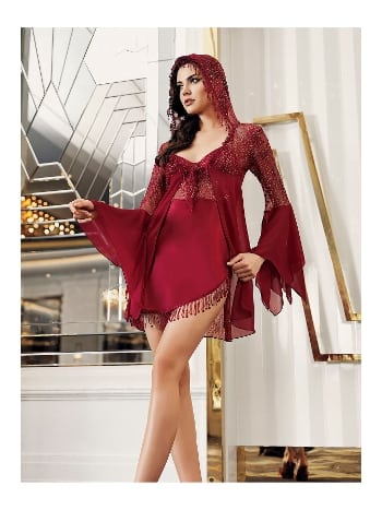 Bordo Şifon Gecelik Takımı Dantel Detaylı İmaj 5201