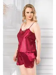 Bordo Saten Büyük Beden Babydoll Şort Takımı Ahu 1024