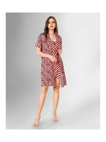 Bordo Çizgili Kadın Gecelik Ahu 1842