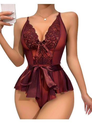 Bordo Dantel Tek Parça Body Lily Bianca 1012
