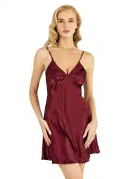 Bordo İnce Askılı Kısa Saten Gecelik Ahu 8201