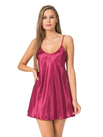 Bordo Saten Kısa Gecelik Ahu 8093