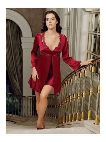 Bordo Saten Gecelik Takımı Dantel Güpür Detaylı İmaj 4207