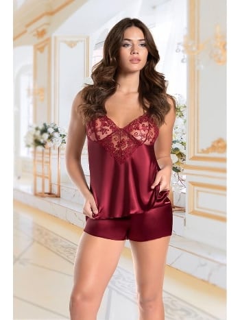 Bordo Saten Şort Takım İzabel 10008