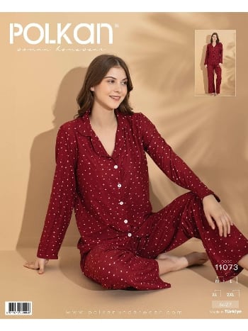Bordo Yıldız Desenli Uzun Kollu Pijama Takımı Polkan 11073