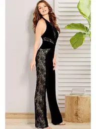 Boyun Bağlı Transparan Dantel Tulum Siyah Pink Night 1304