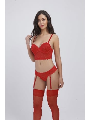 Balenli Desteksiz Jartiyer Sütyen Takım Somon Dantel Büşra 111