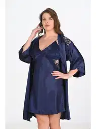 Büyük Beden 2li Lacivert Sabahlık Gecelik Takım Ahu 6208