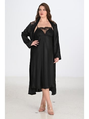 Büyük Beden Somon Renk Sabahlıklı Gecelik Takımı Ahu 6221