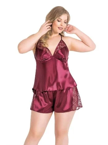 Büyük Beden Bordo Saten Babydoll Şort Takımı Ahu 1059